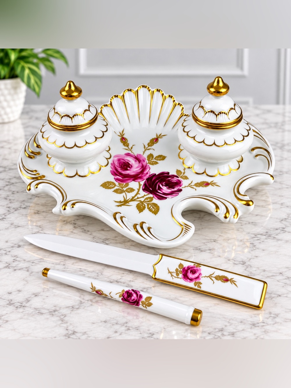 Vintage Unterweissbach Porcelain Inkwell Desk Set